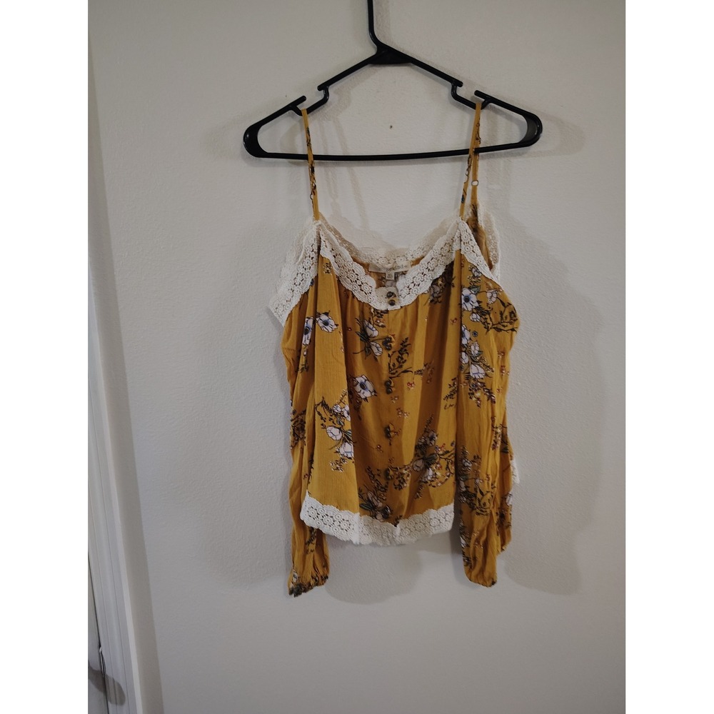Rewind Mustard Yellow Floral Cold‎ Shoulder Lace Trim Boho Top XL